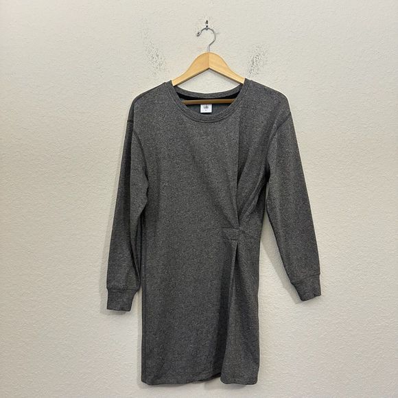 CAbi #3650 L/S Put On Faux Wrap Sweatshirt Dress in Heather Gray - Picture 1 of 10